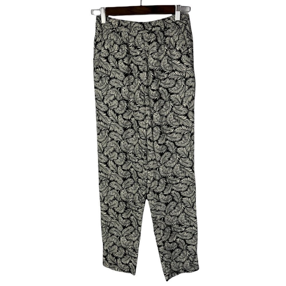 H&M Black & White Feather Print Elastic Waist Straight Leg Dress Pants 4